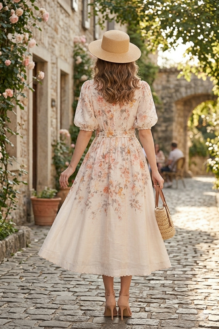 Floral Midi Shirt Dress with Belt – Soft Cream Vintage Print