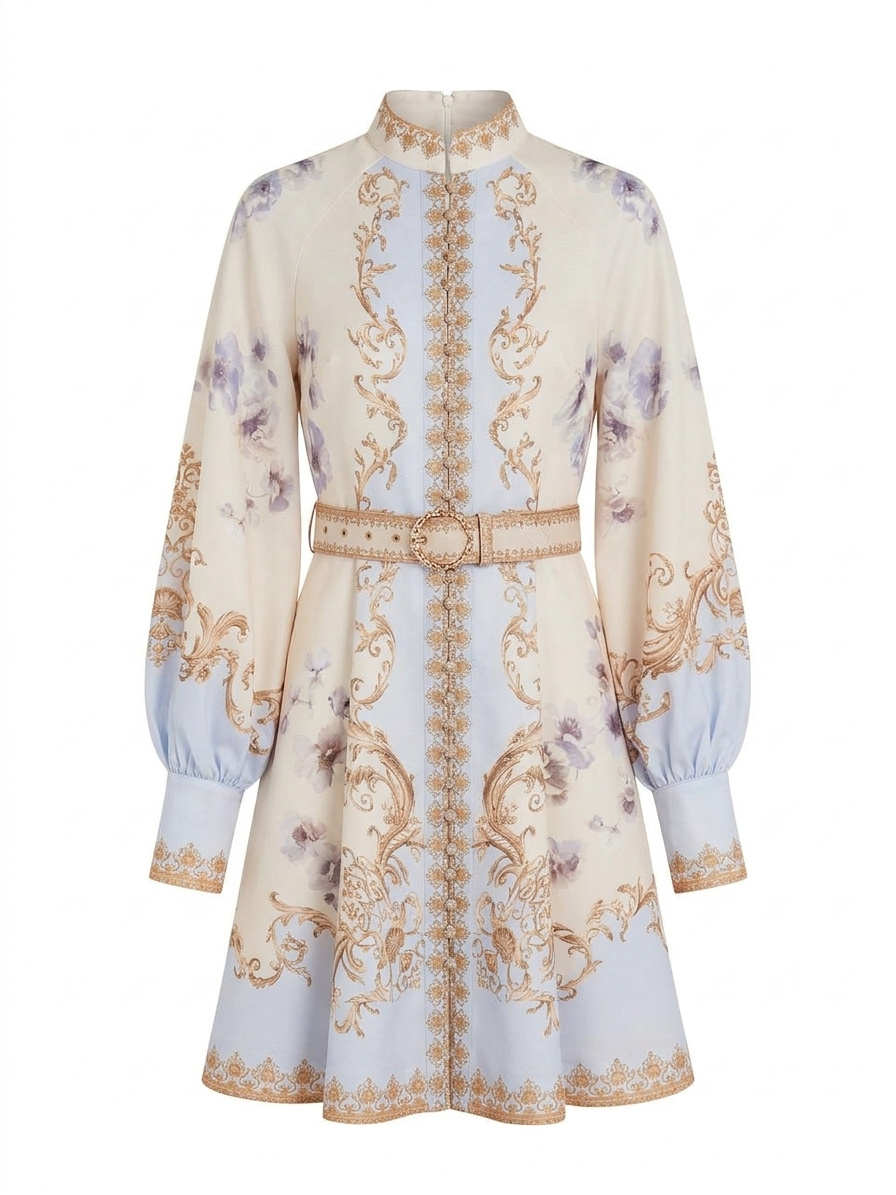 Ornate Baroque Print Mini Dress with Belt – Ivory & Blue Elegance
