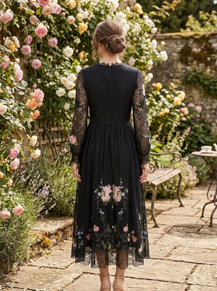 Black Floral Embroidered Lace Midi Dress – Elegant Romantic Style