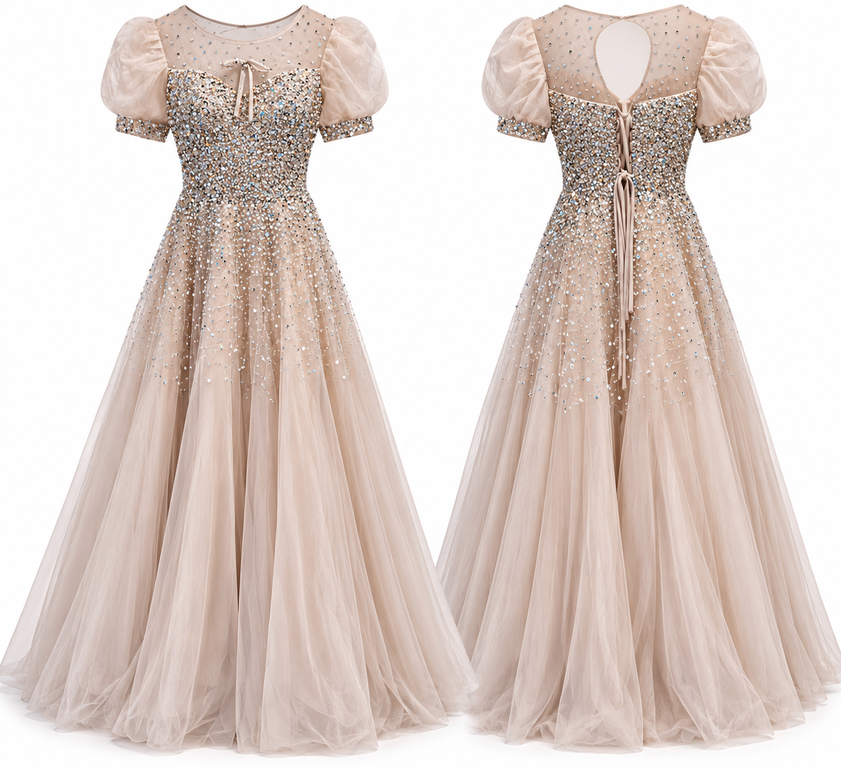 Champagne Crystal Embellished Tulle Ball Gown with Puff Sleeves
