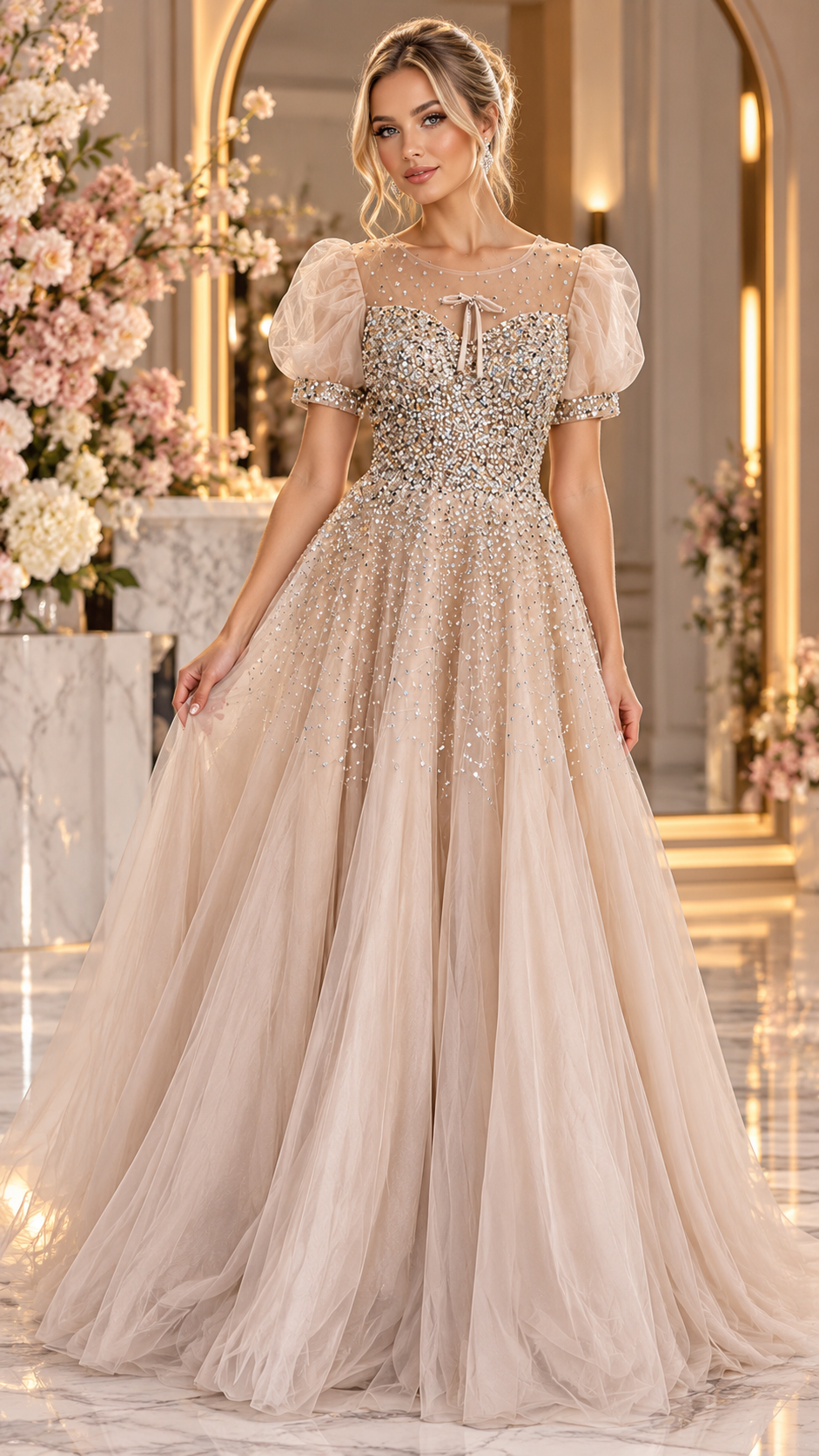 Champagne Crystal Embellished Tulle Ball Gown with Puff Sleeves