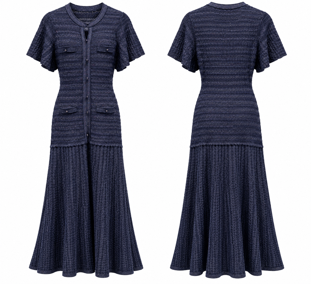 Elegant Navy Blue Textured Maxi Dress with Flutter Sleeves