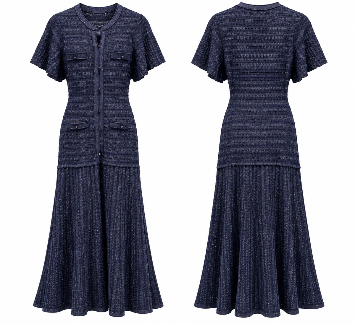 Elegant Navy Blue Textured Maxi Dress with Flutter Sleeves