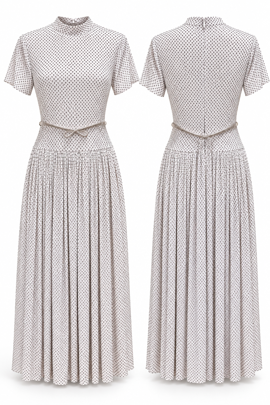 Elegant Printed Pleated Maxi Dress with Metallic Waist Belt