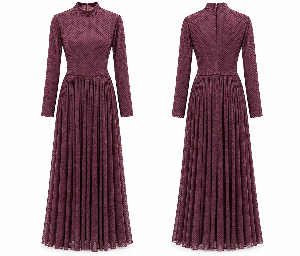 Plum Sparkle Pleated Maxi Evening Dress – Long Sleeve Elegant Gown