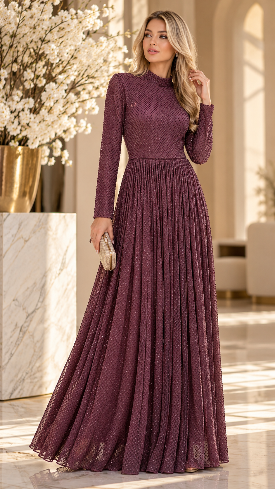 Plum Sparkle Pleated Maxi Evening Dress – Long Sleeve Elegant Gown