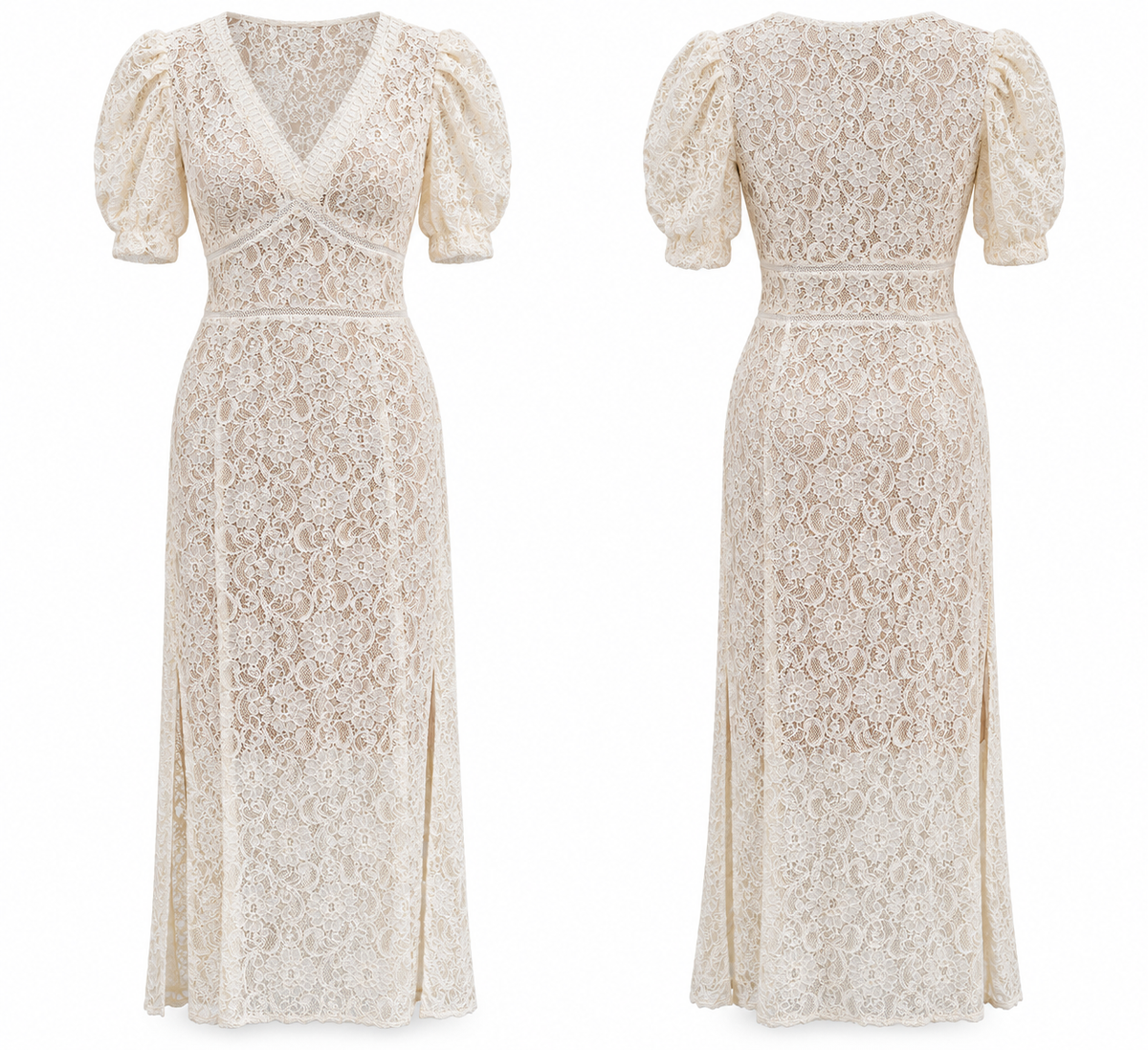 Ivory Floral Lace Puff Sleeve Maxi Dress – Elegant V-Neck Formal Dress