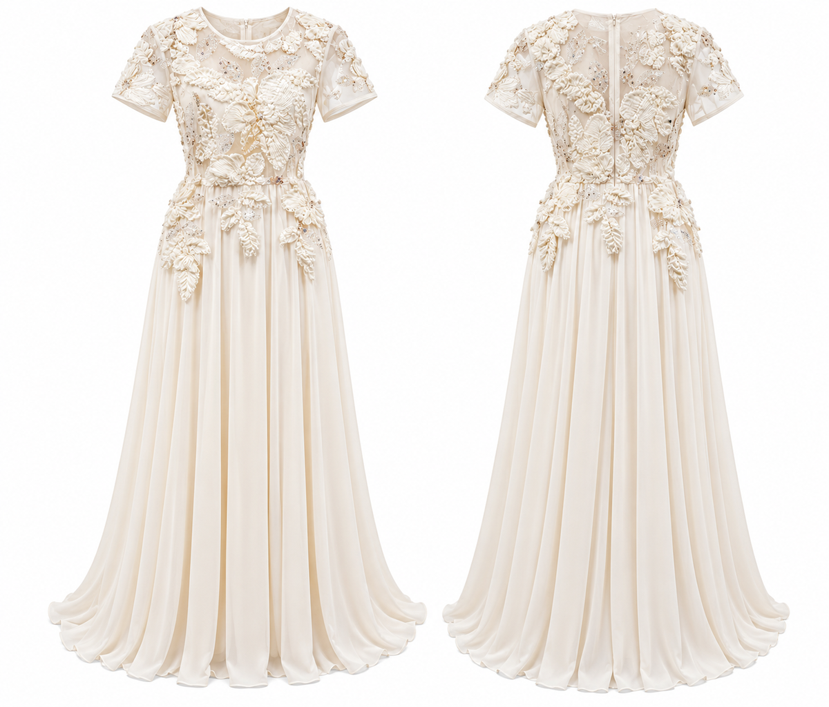 Ivory 3D Floral Embroidered Maxi Dress – Elegant Short Sleeve Evening Gown