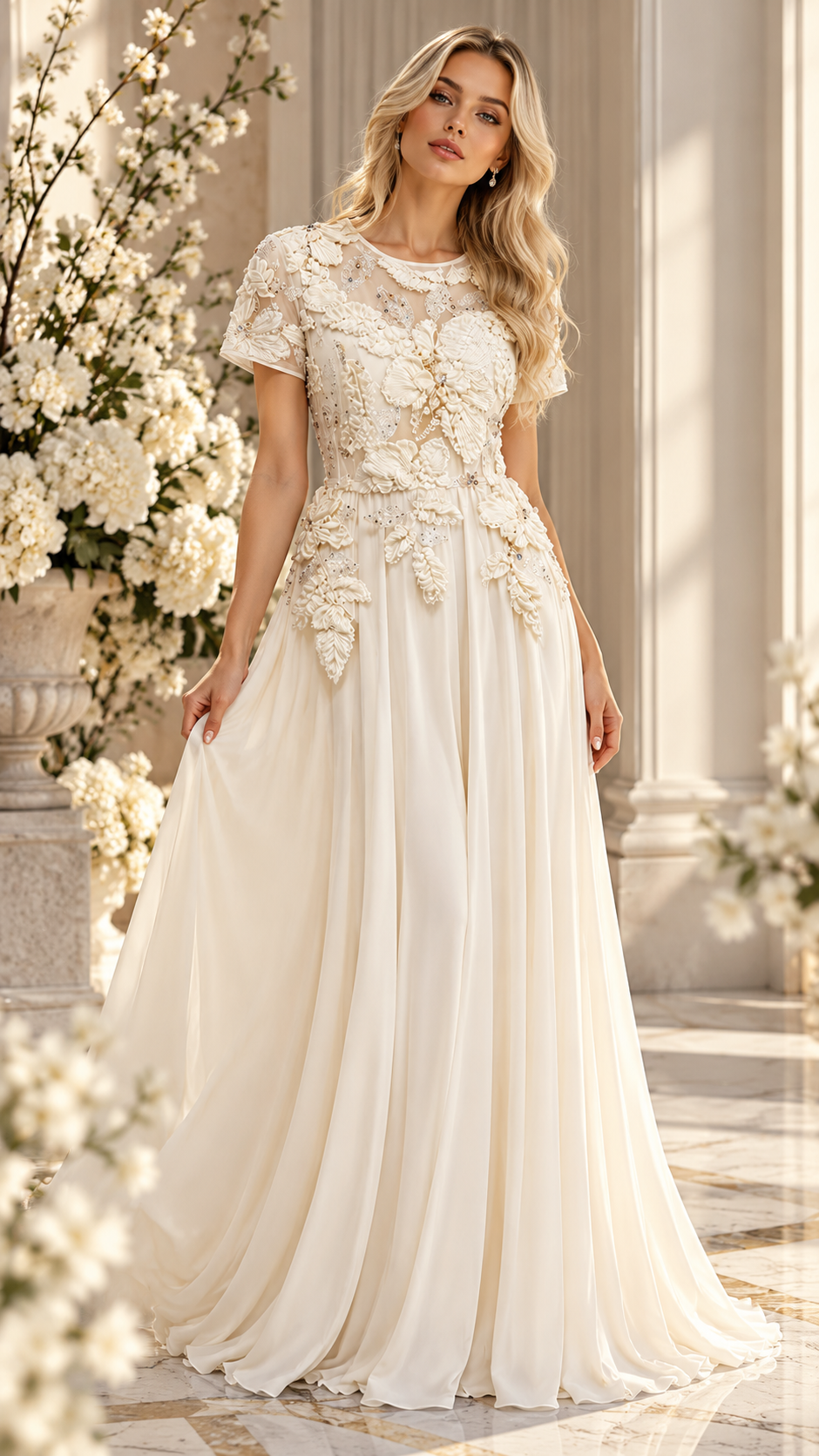 Ivory 3D Floral Embroidered Maxi Dress – Elegant Short Sleeve Evening Gown