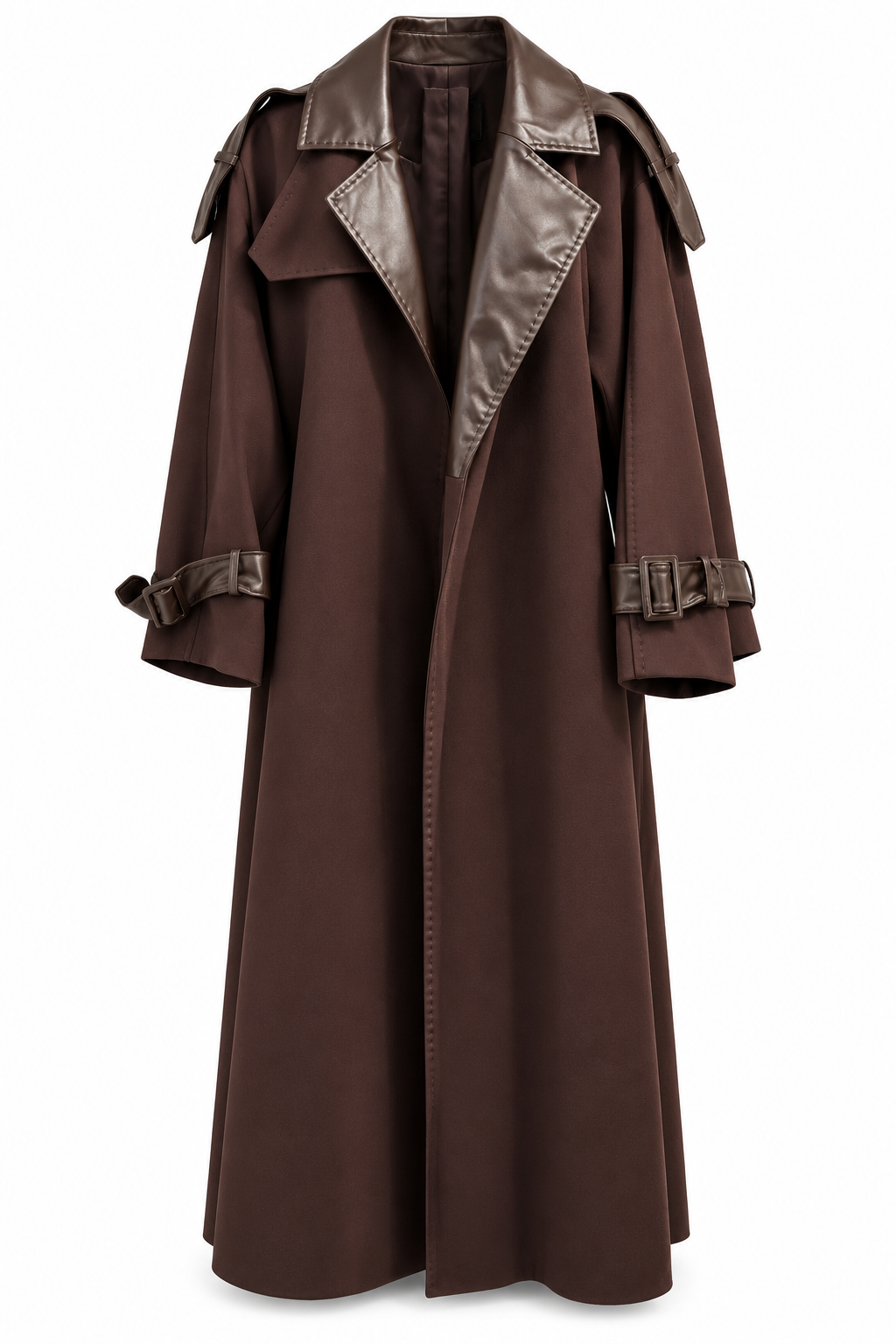 Women’s Chocolate Brown Leather-Detail Long Trench Coat – Luxury Chic Outerwear