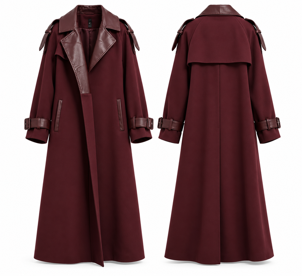 Women’s Chocolate Brown Leather-Detail Long Trench Coat – Luxury Chic Outerwear