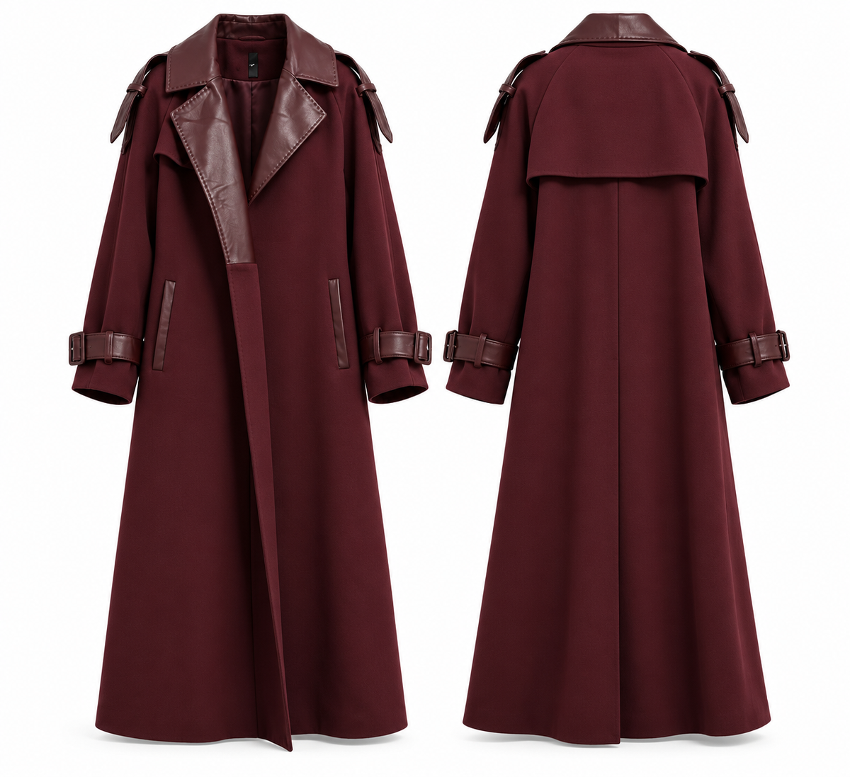 Women’s Chocolate Brown Leather-Detail Long Trench Coat – Luxury Chic Outerwear