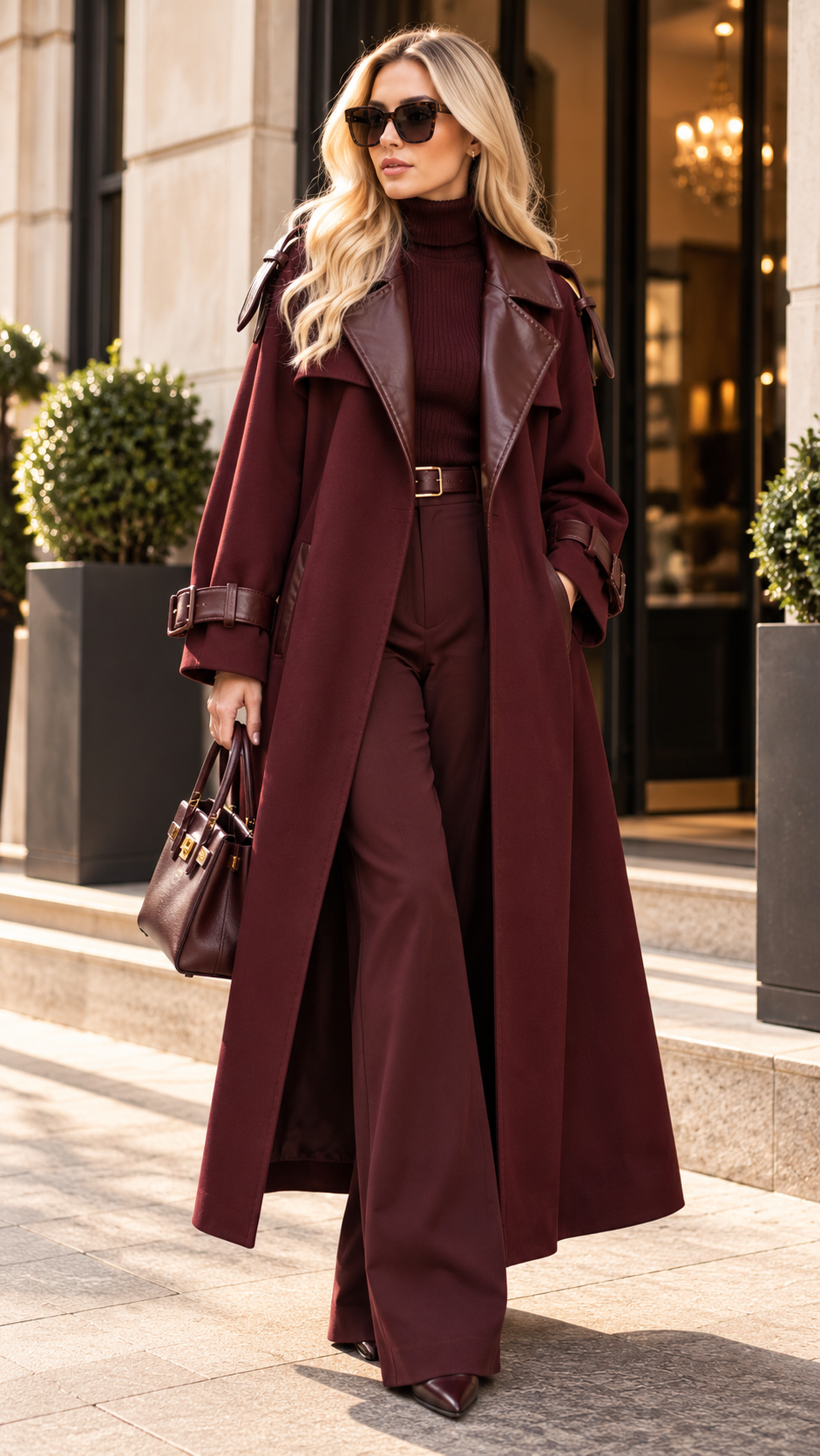 Women’s Chocolate Brown Leather-Detail Long Trench Coat – Luxury Chic Outerwear