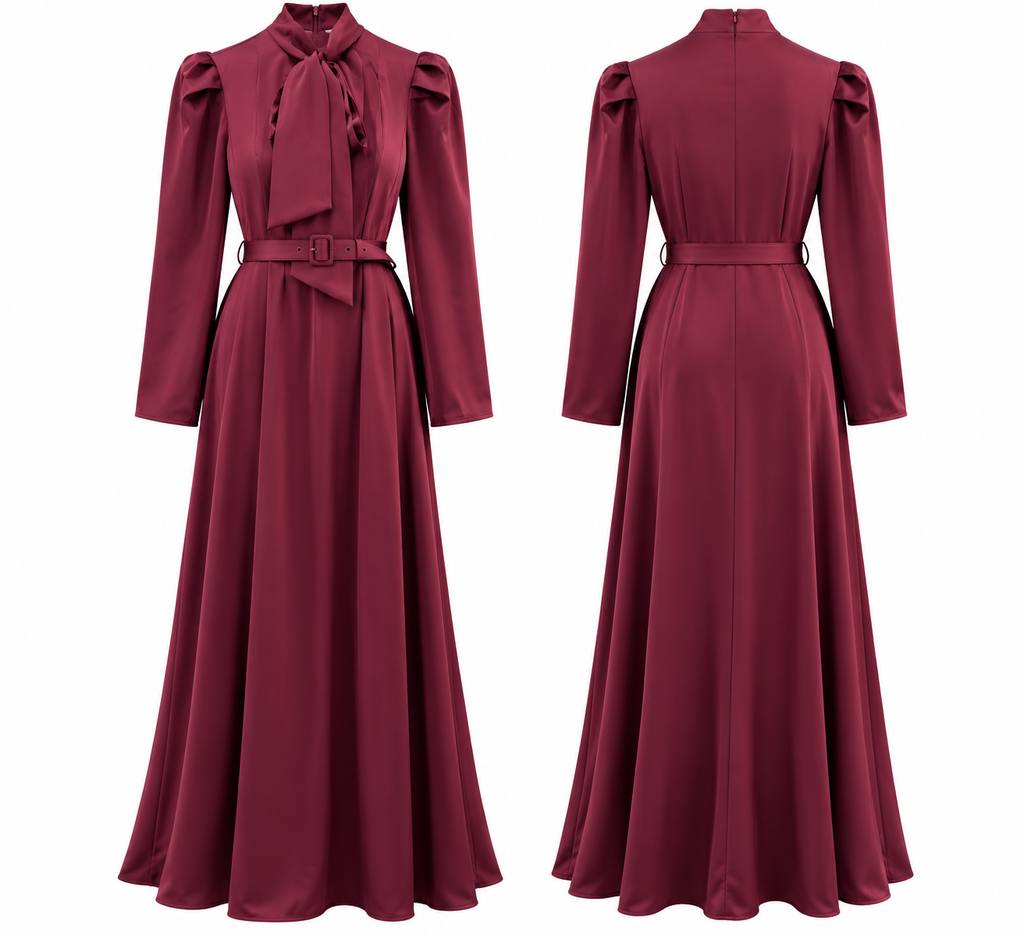 Burgundy Satin Maxi Dress with Bow Neck, Puff Sleeves & Belt