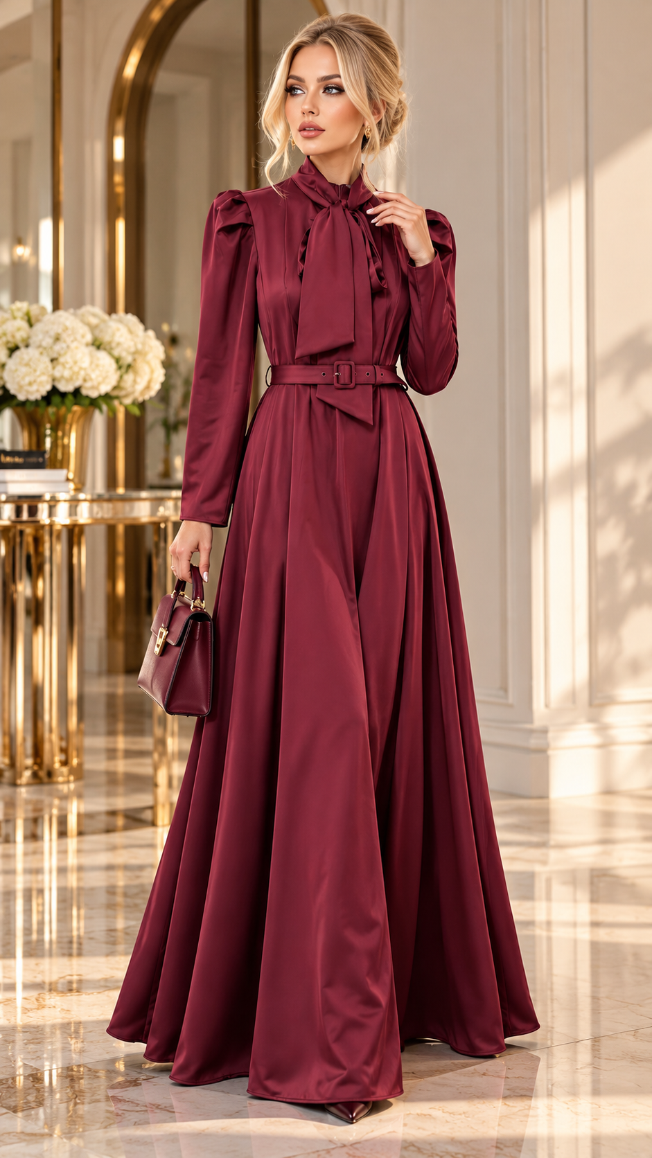 Burgundy Satin Maxi Dress with Bow Neck, Puff Sleeves & Belt