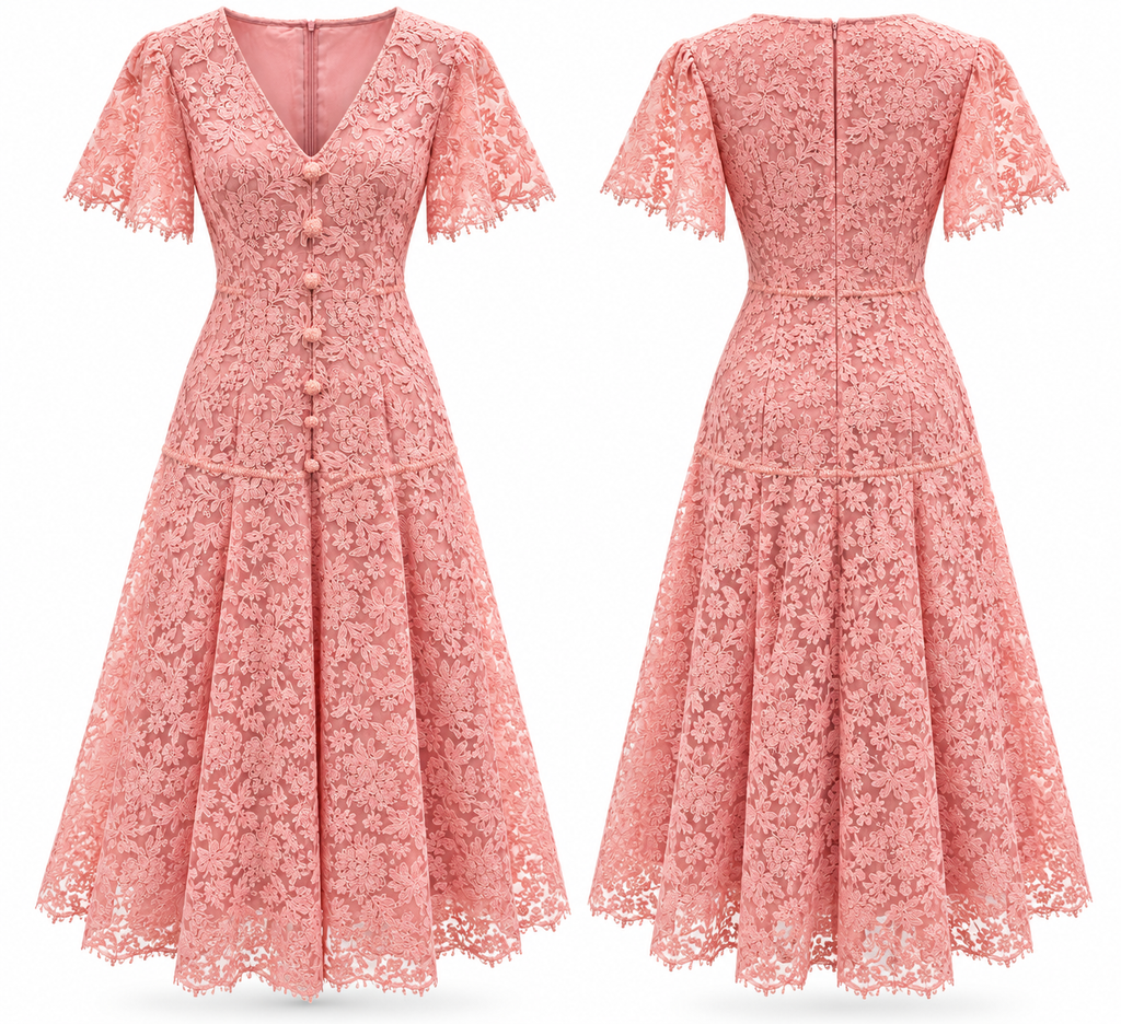 Blush Pink Floral Lace Midi Dress with Flutter Sleeves