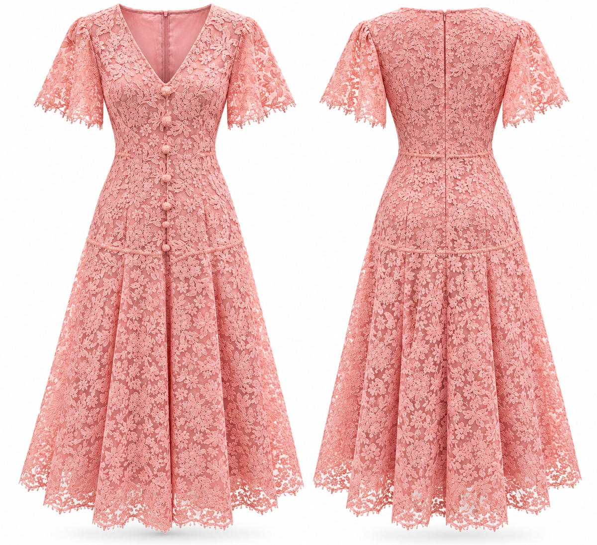 Blush Pink Floral Lace Midi Dress with Flutter Sleeves