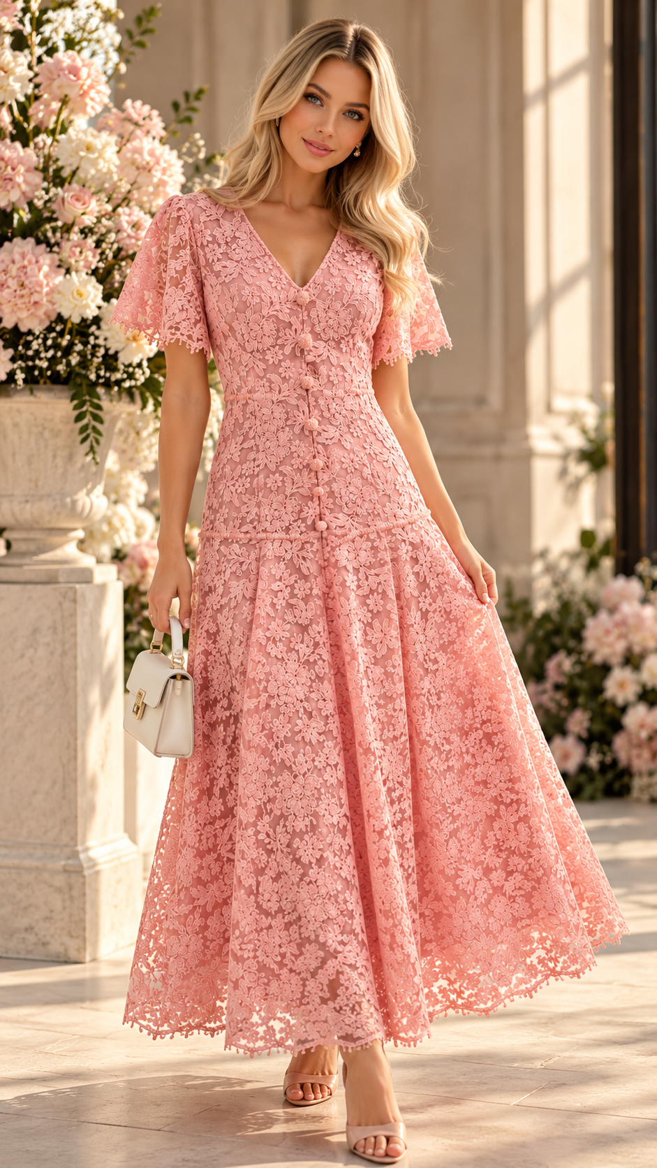 Blush Pink Floral Lace Midi Dress with Flutter Sleeves