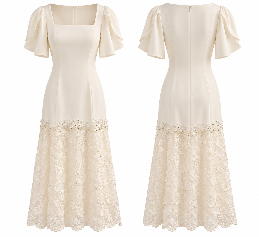 Ivory Pearl Embellished Lace Midi Dress with Flutter Sleeves