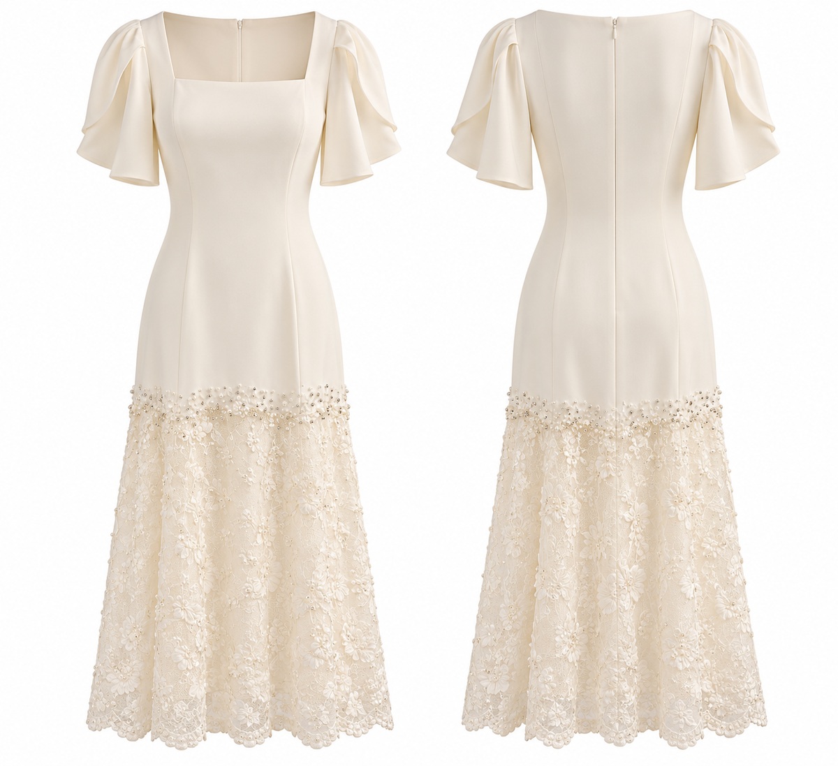 Ivory Pearl Embellished Lace Midi Dress with Flutter Sleeves