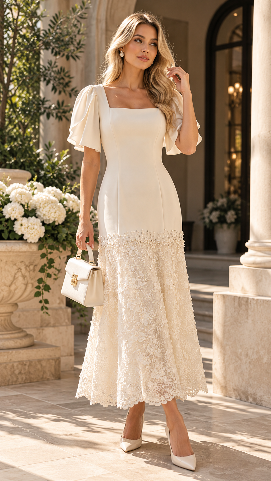 Ivory Pearl Embellished Lace Midi Dress with Flutter Sleeves