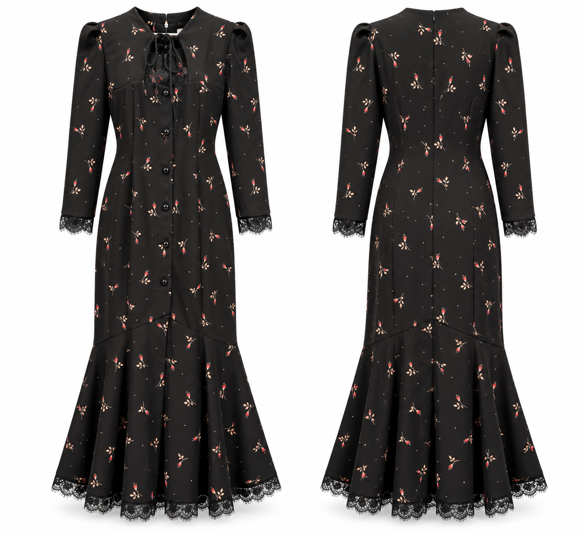 Vintage Floral Lace-Trim Maxi Dress