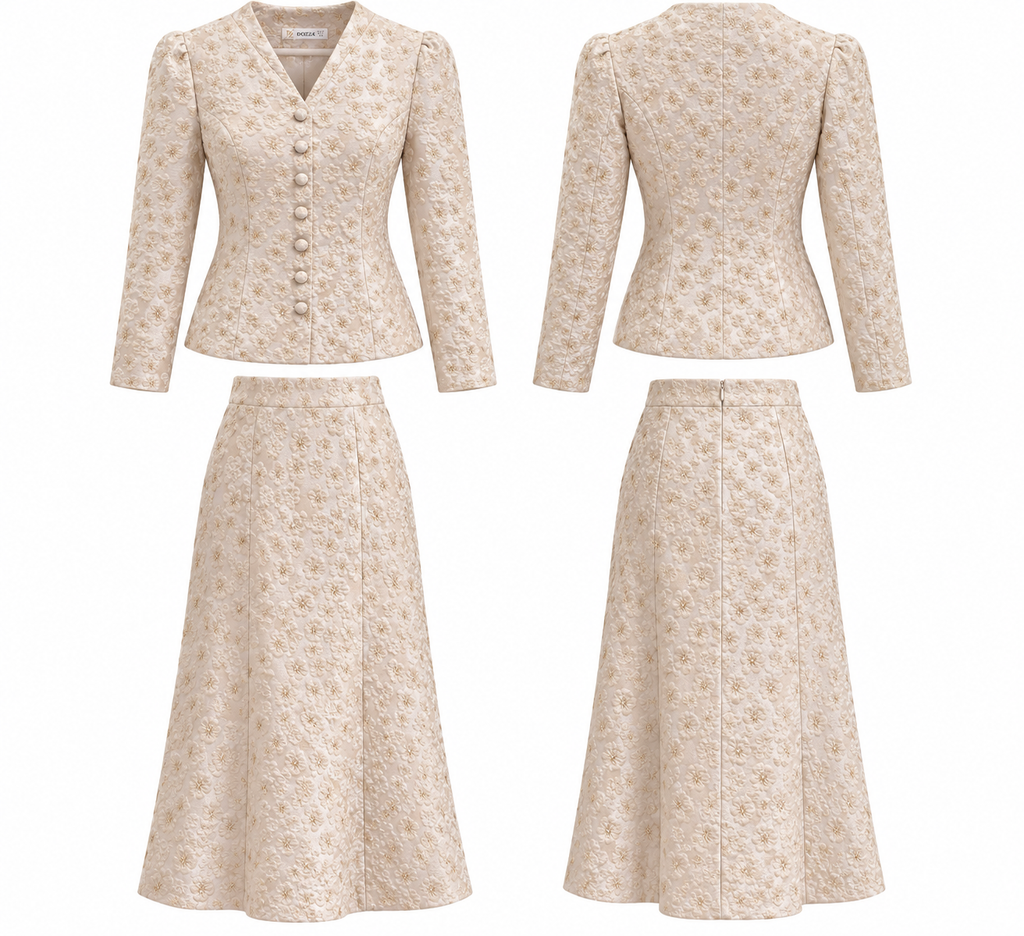 Ivory Floral Jacquard Two-Piece Skirt Set