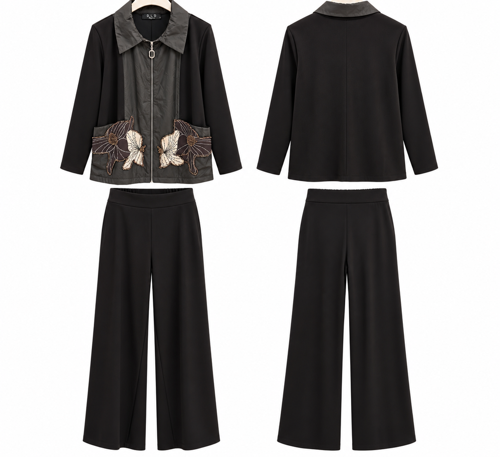 Black Floral Embellished Jacket & Wide-Leg Pants Set