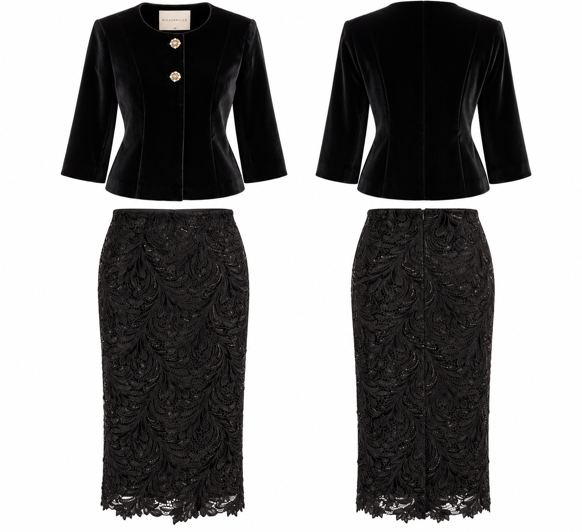 Black Velvet Blazer & Embroidered Lace Skirt Set