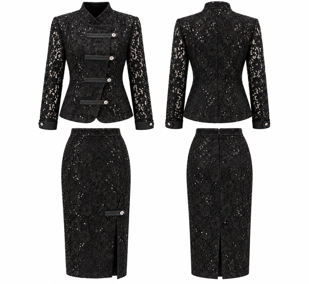 Black Sequin Lace Blazer & Midi Skirt Set