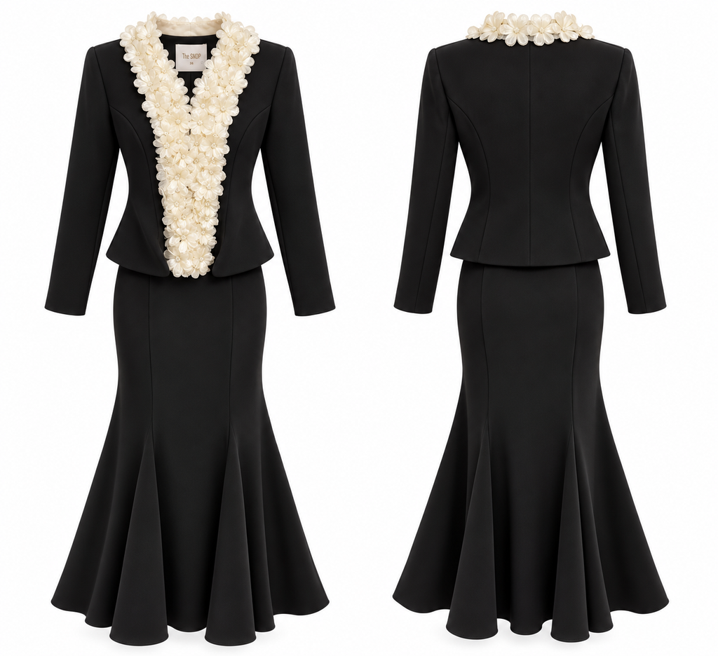 Black Floral Embellished Blazer & Mermaid Skirt Set