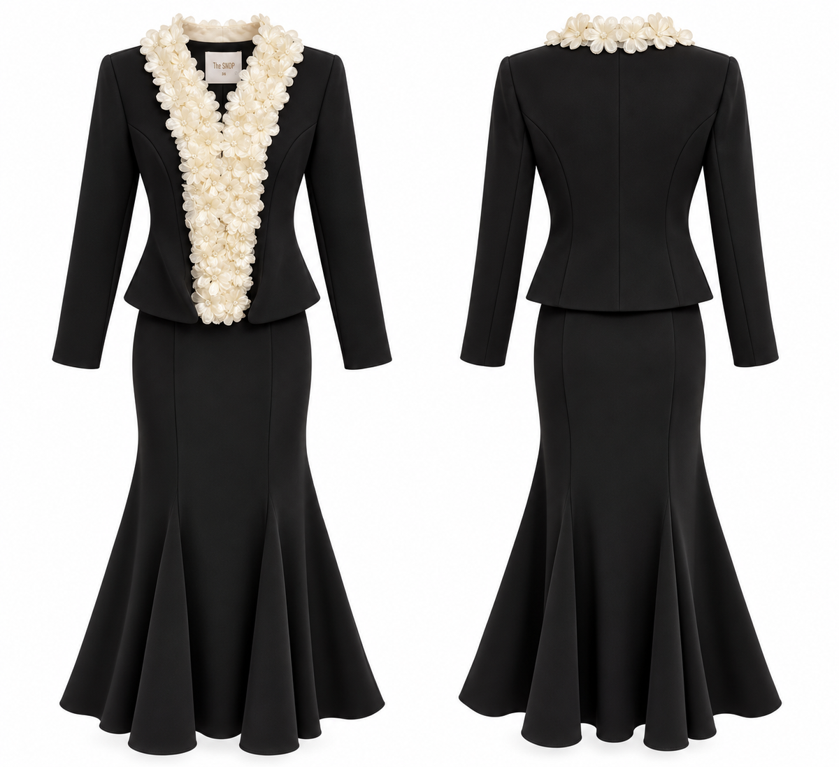 Black Floral Embellished Blazer & Mermaid Skirt Set