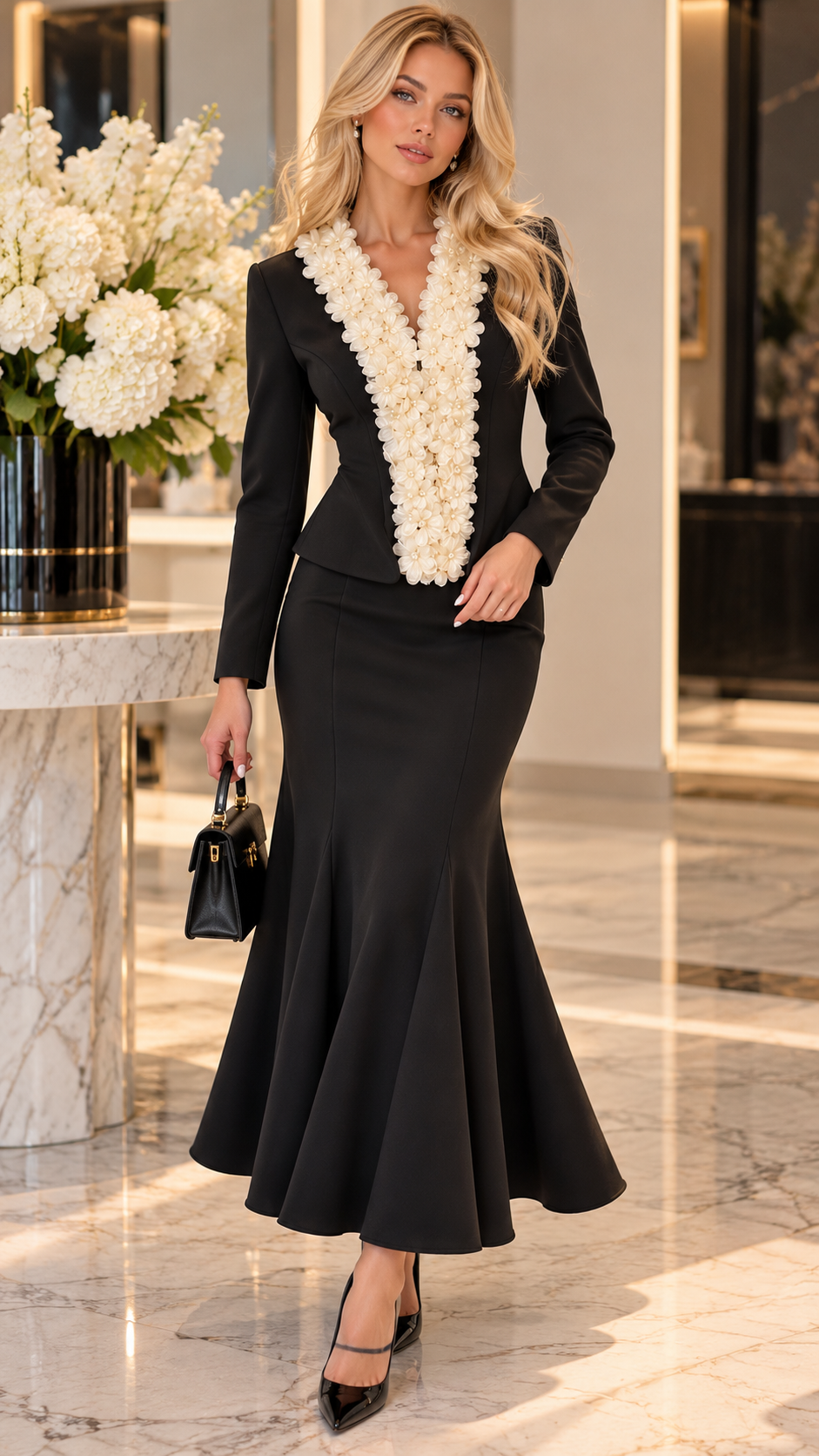 Black Floral Embellished Blazer & Mermaid Skirt Set