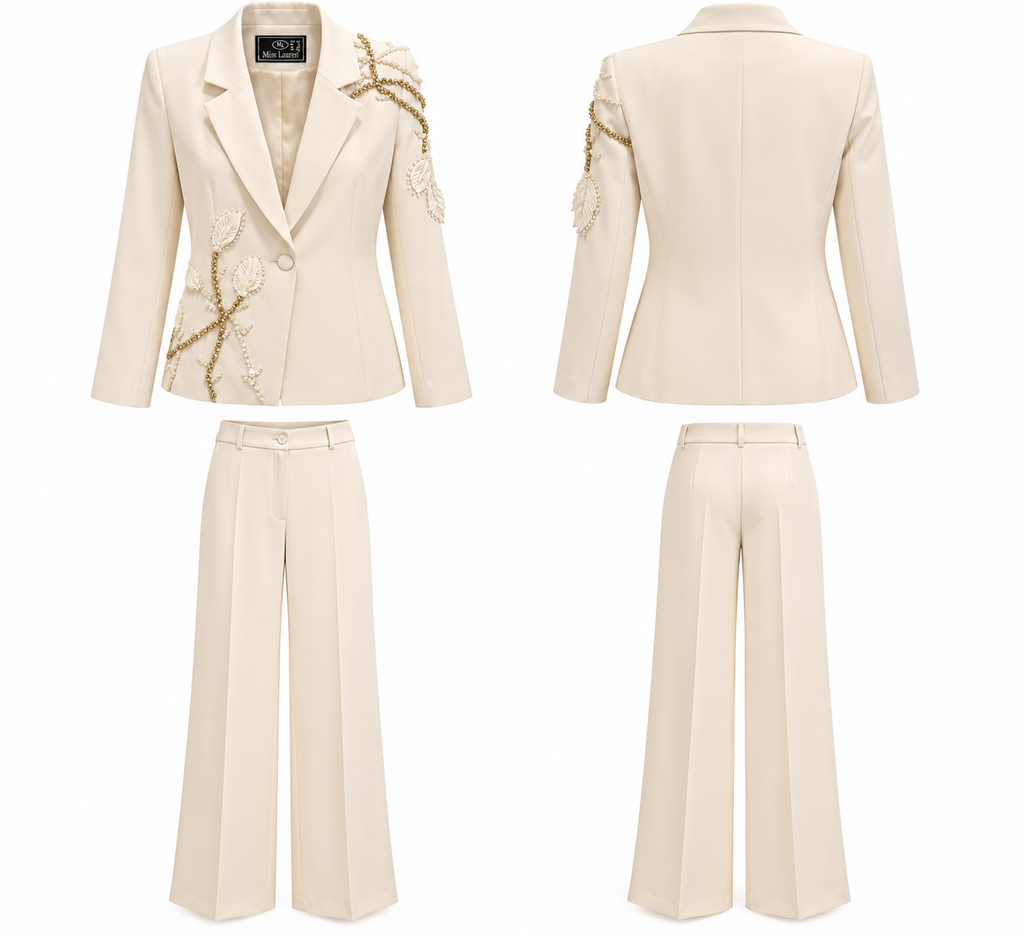 Ivory Embellished Blazer & Wide-Leg Trouser Set
