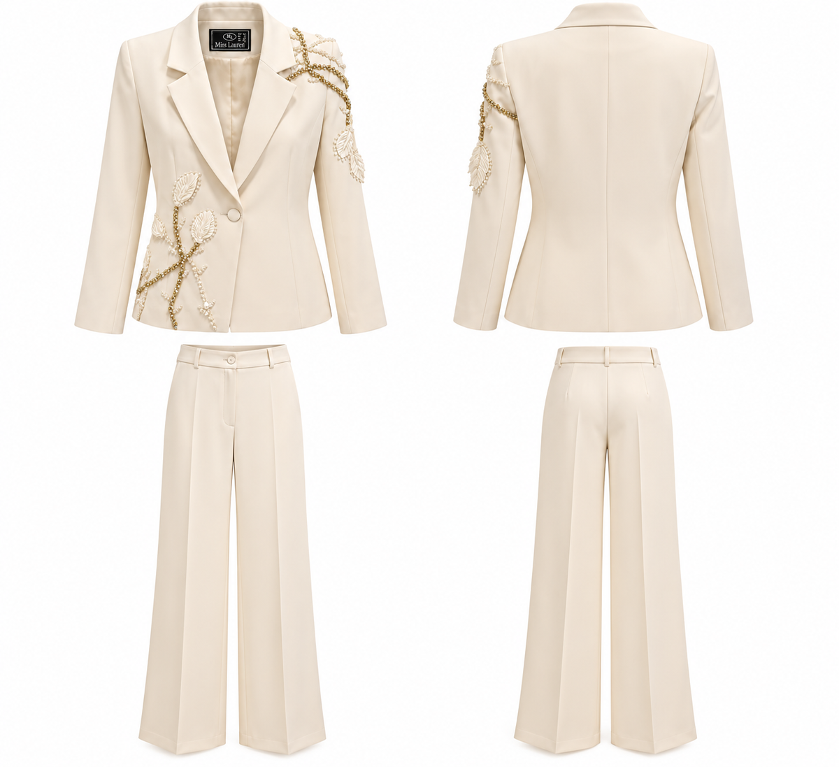 Ivory Embellished Blazer & Wide-Leg Trouser Set