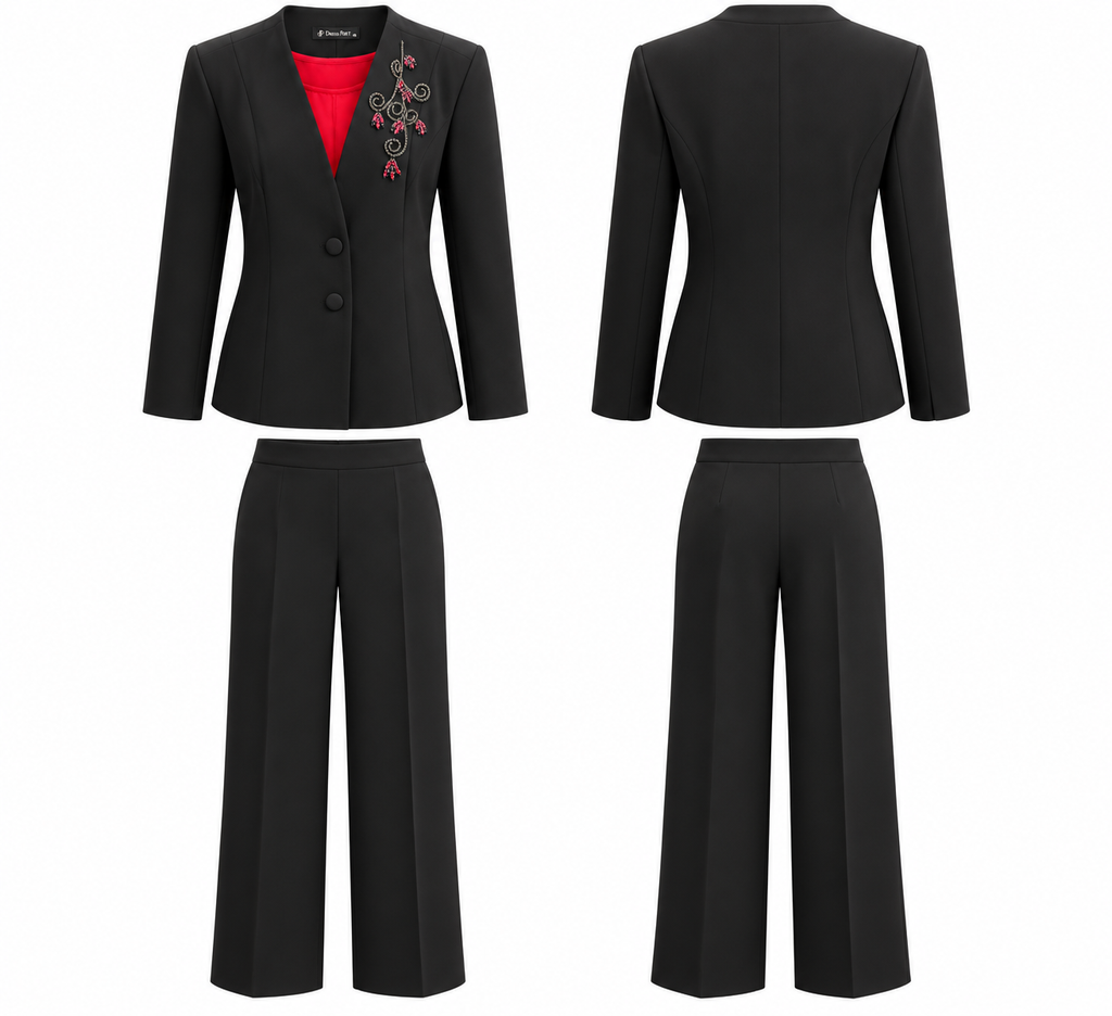 Elegant Black Embellished Blazer & Wide-Leg Trouser Set