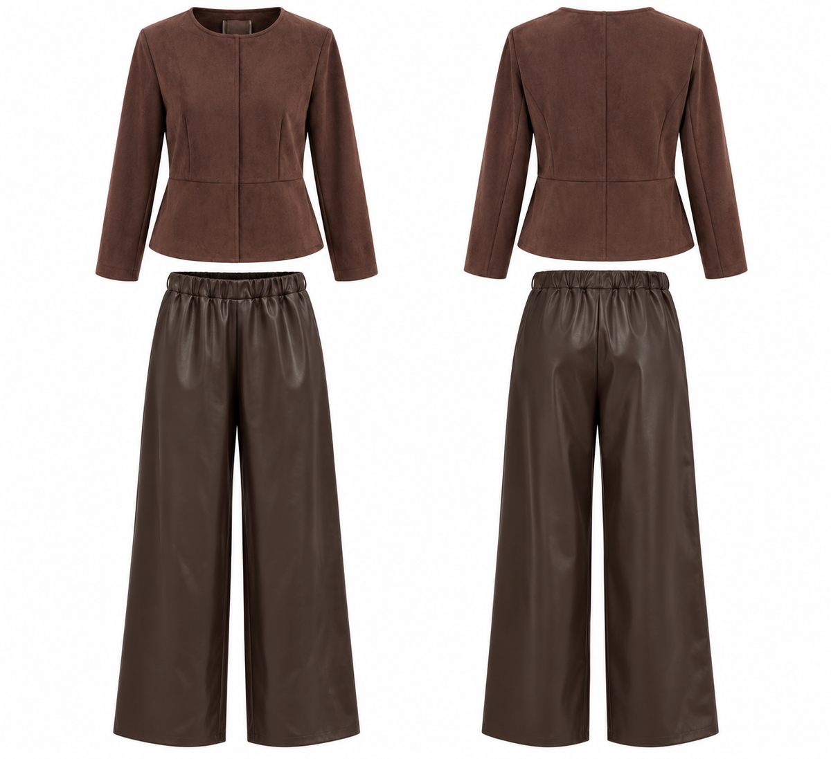 Chocolate Brown Suede Jacket & Faux Leather Wide-Leg Pants Set