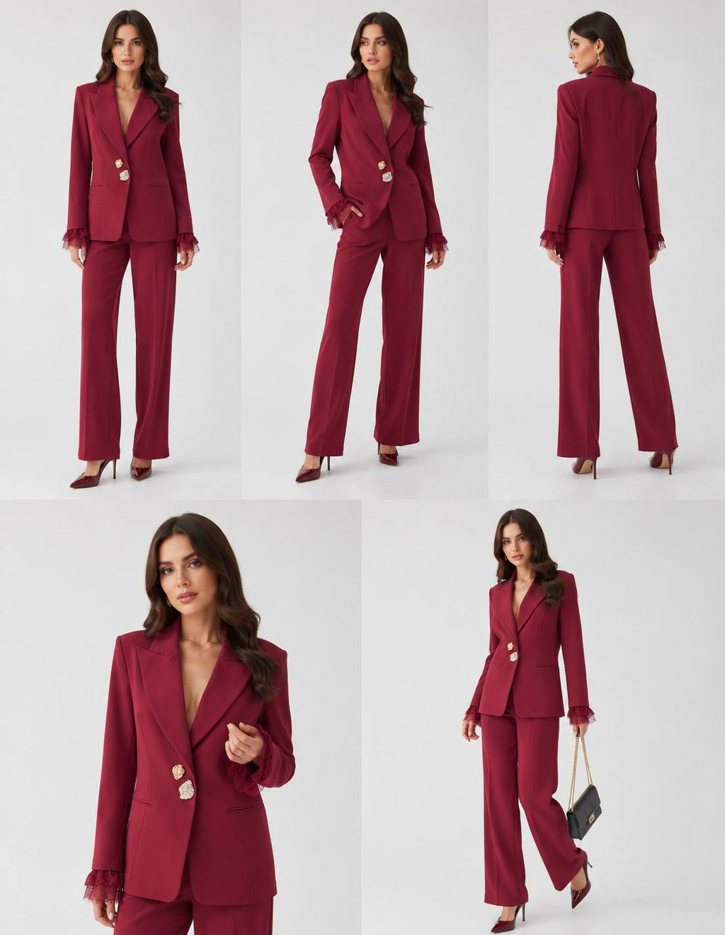 Elegant Cream Tailored Pantsuit Set with Lace Cuffs