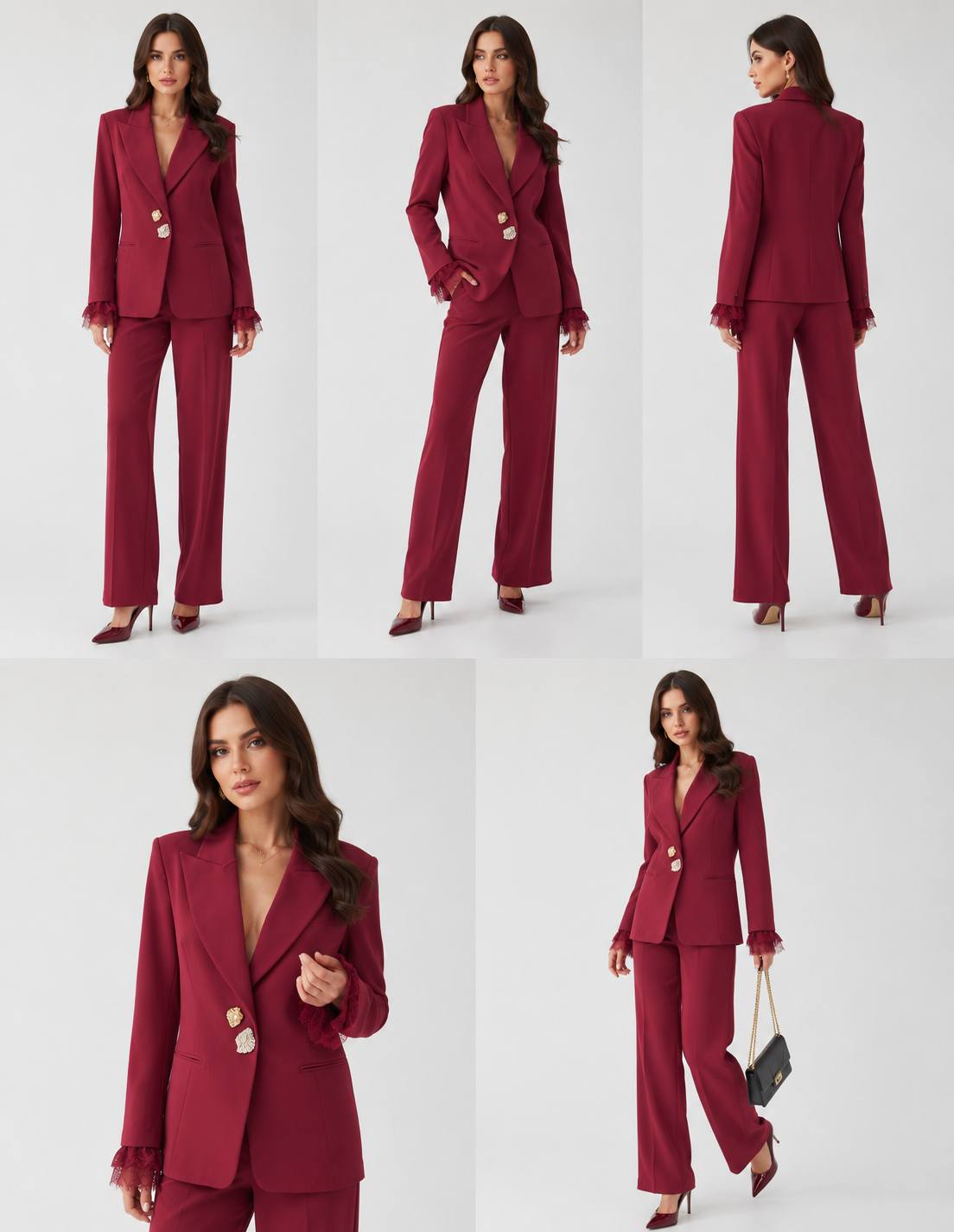 Elegant Cream Tailored Pantsuit Set with Lace Cuffs