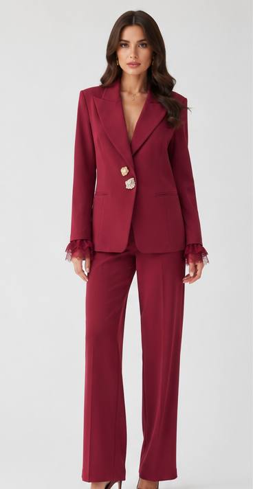 Elegant Cream Tailored Pantsuit Set with Lace Cuffs