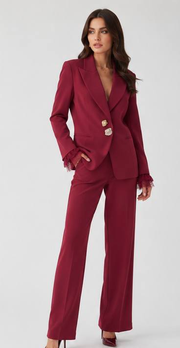 Elegant Cream Tailored Pantsuit Set with Lace Cuffs