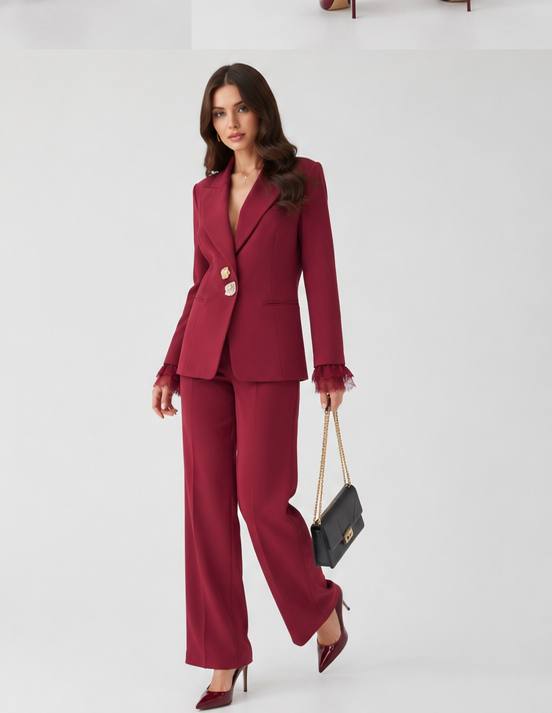 Elegant Cream Tailored Pantsuit Set with Lace Cuffs