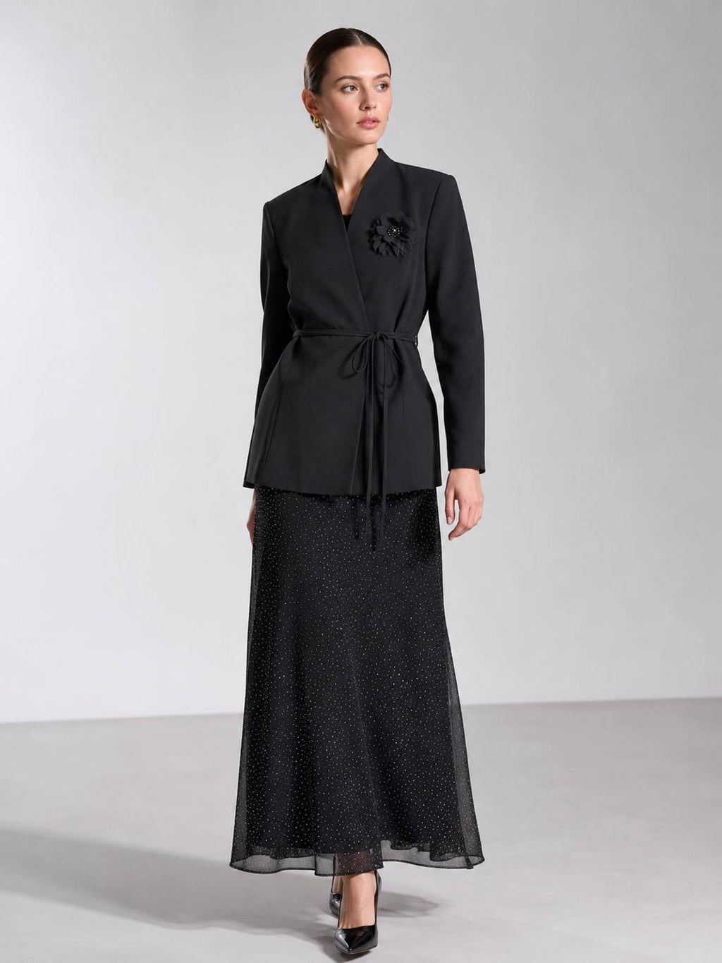 Midnight Elegance Embellished Maxi Skirt & Floral Blazer Set