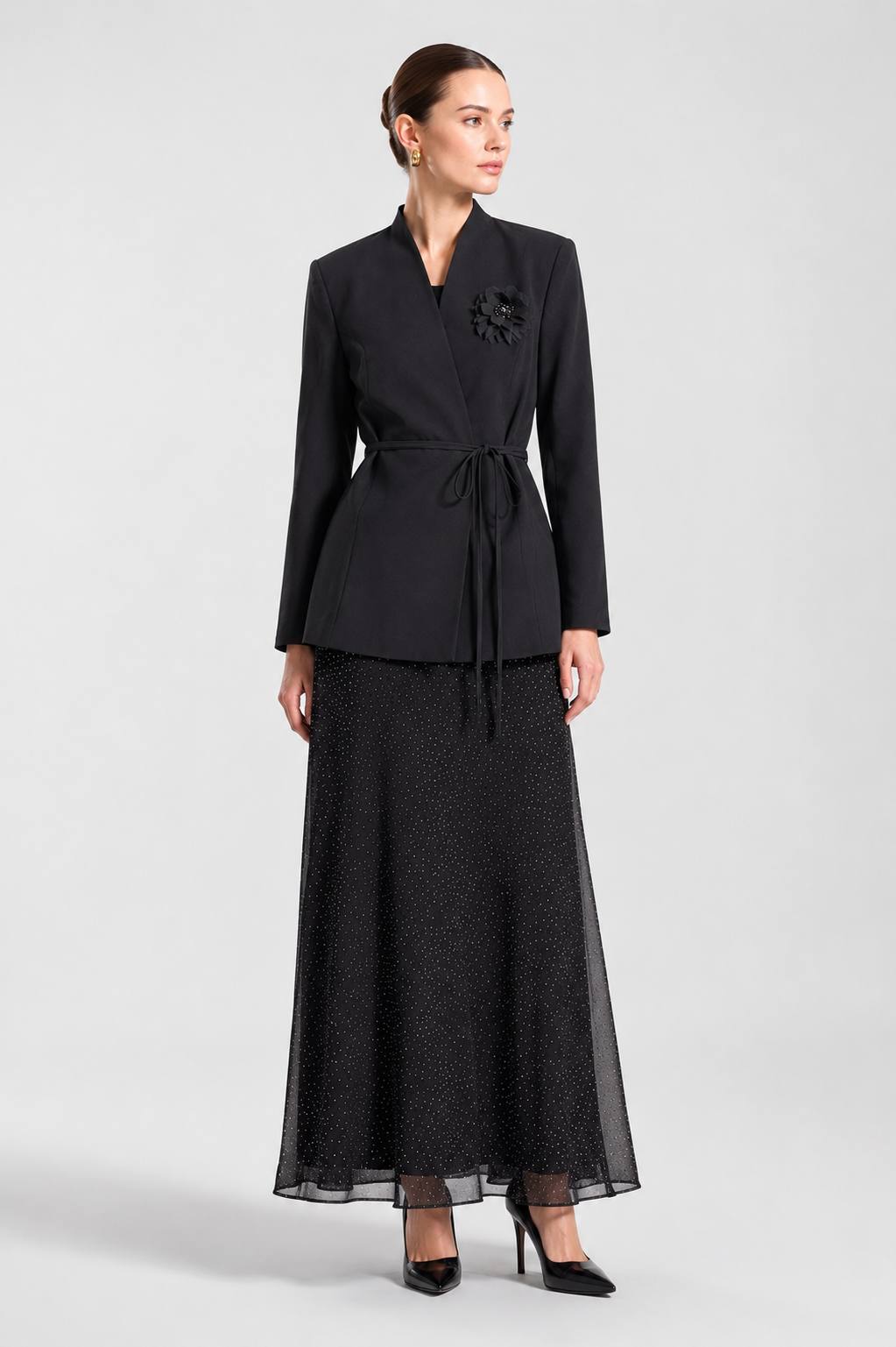 Midnight Elegance Embellished Maxi Skirt & Floral Blazer Set