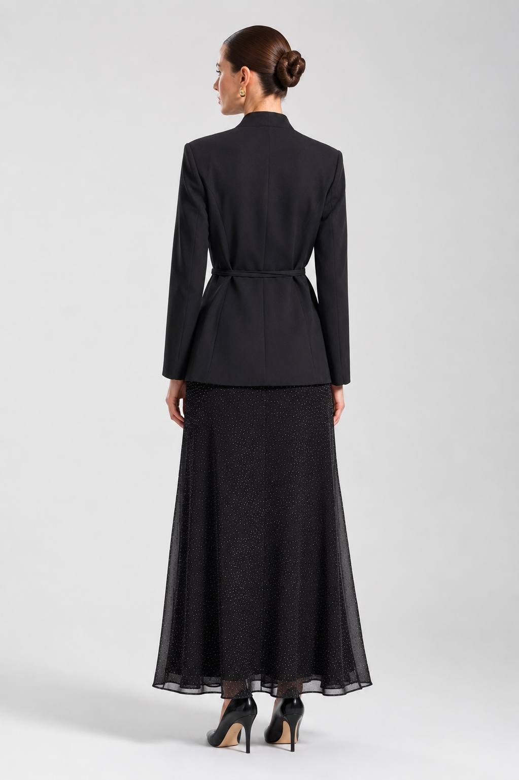 Midnight Elegance Embellished Maxi Skirt & Floral Blazer Set