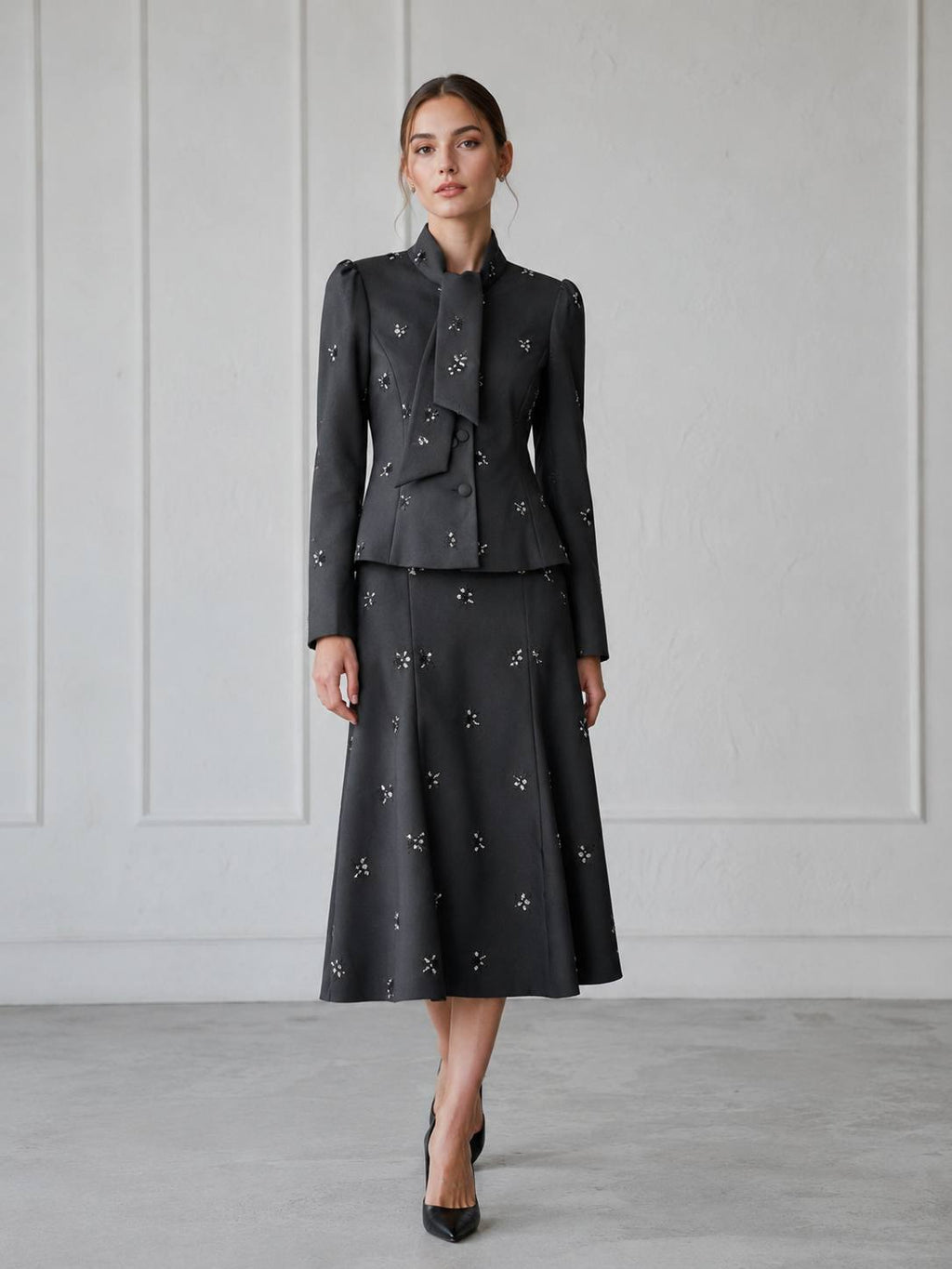 Moonlit Grace Embellished Midi Skirt & Bow-Tie Blazer Set