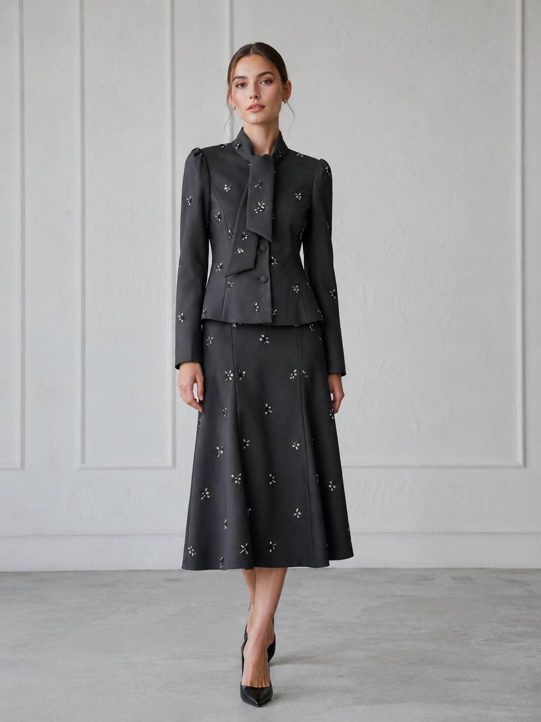 Moonlit Grace Embellished Midi Skirt & Bow-Tie Blazer Set