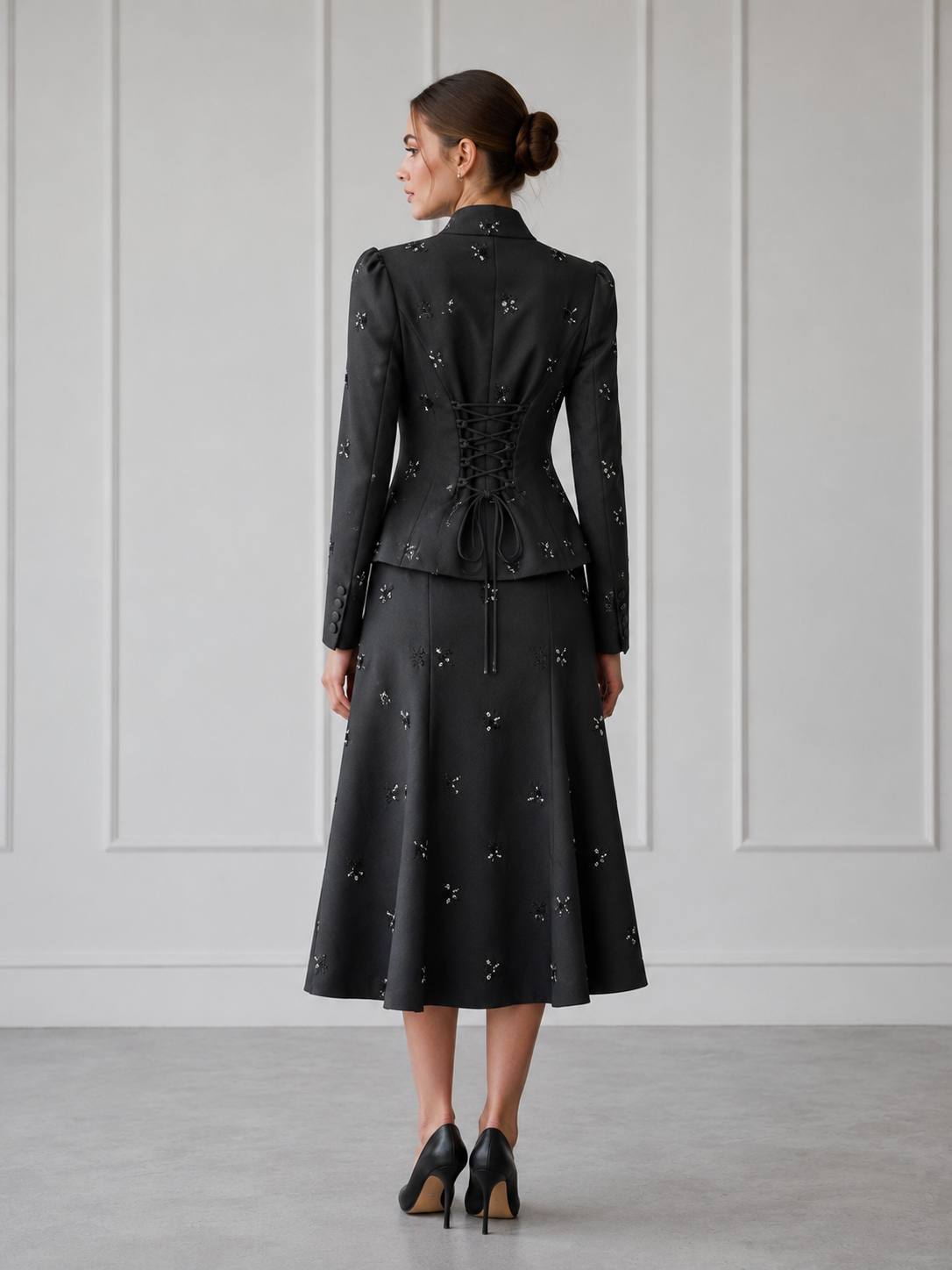 Moonlit Grace Embellished Midi Skirt & Bow-Tie Blazer Set