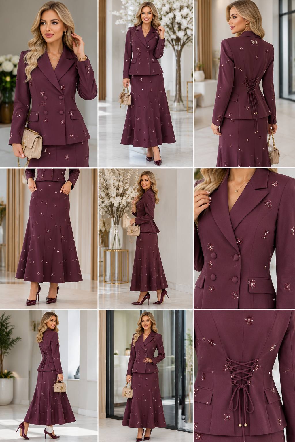 Plum Blossom Embellished Corset-Back Skirt Suit Set