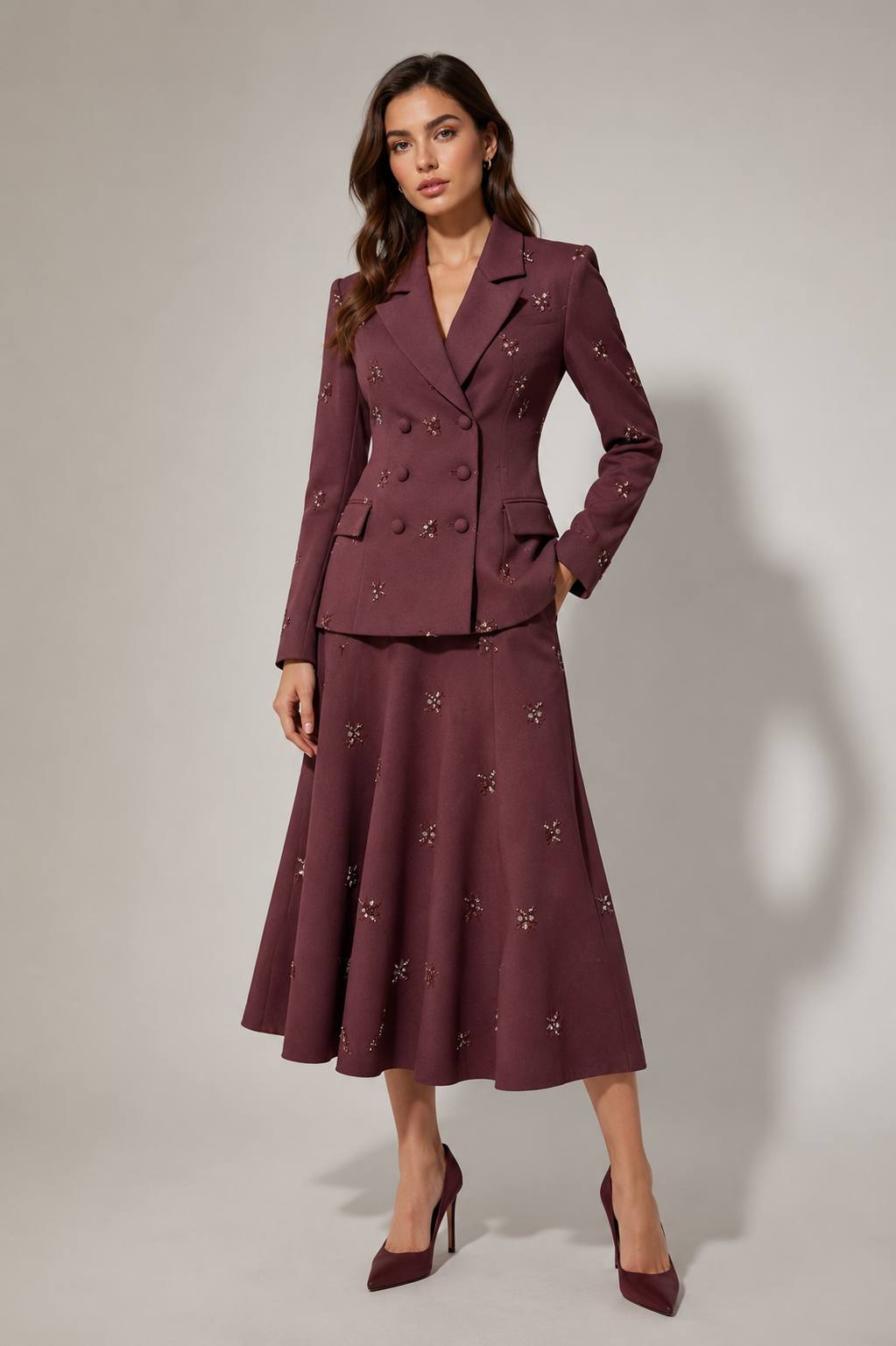 Plum Blossom Embellished Corset-Back Skirt Suit Set